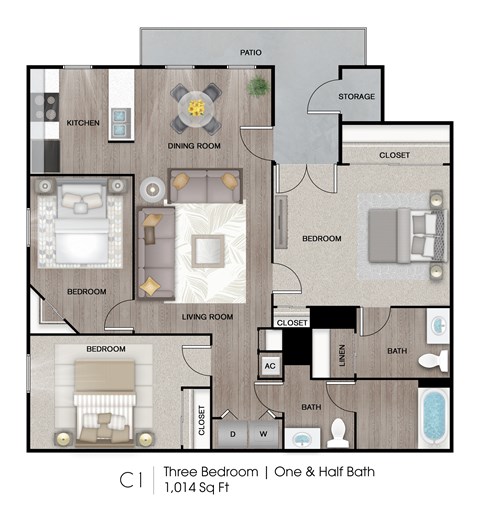 Floor plan for 3 beds, 1.5 baths, 1014 sqft